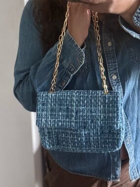 LOFT Blue Tweed Shoulder Bag with Gold Chain Strap